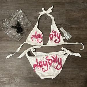 Playboy Bikini medium pink white bunny y2k 14 small large adjustable sizing